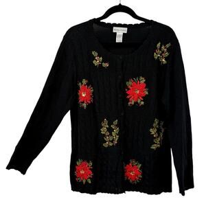 Drapers Damons Christmas Cardigan size XL Button Up Holly Poinsettia Embroidered